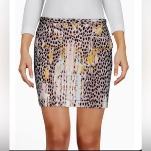 JUST CAVALLI Women’s Denim Skirt Dove Grey Animal Print Gold Buttons Size 44 L